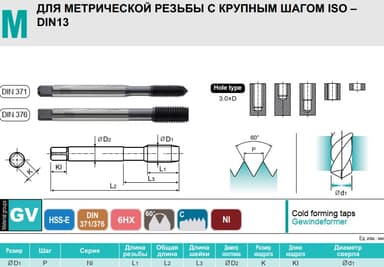 Метчик М8x1,25 6HX бесстружечный Ni HSS-E DIN371 TE723366 YG